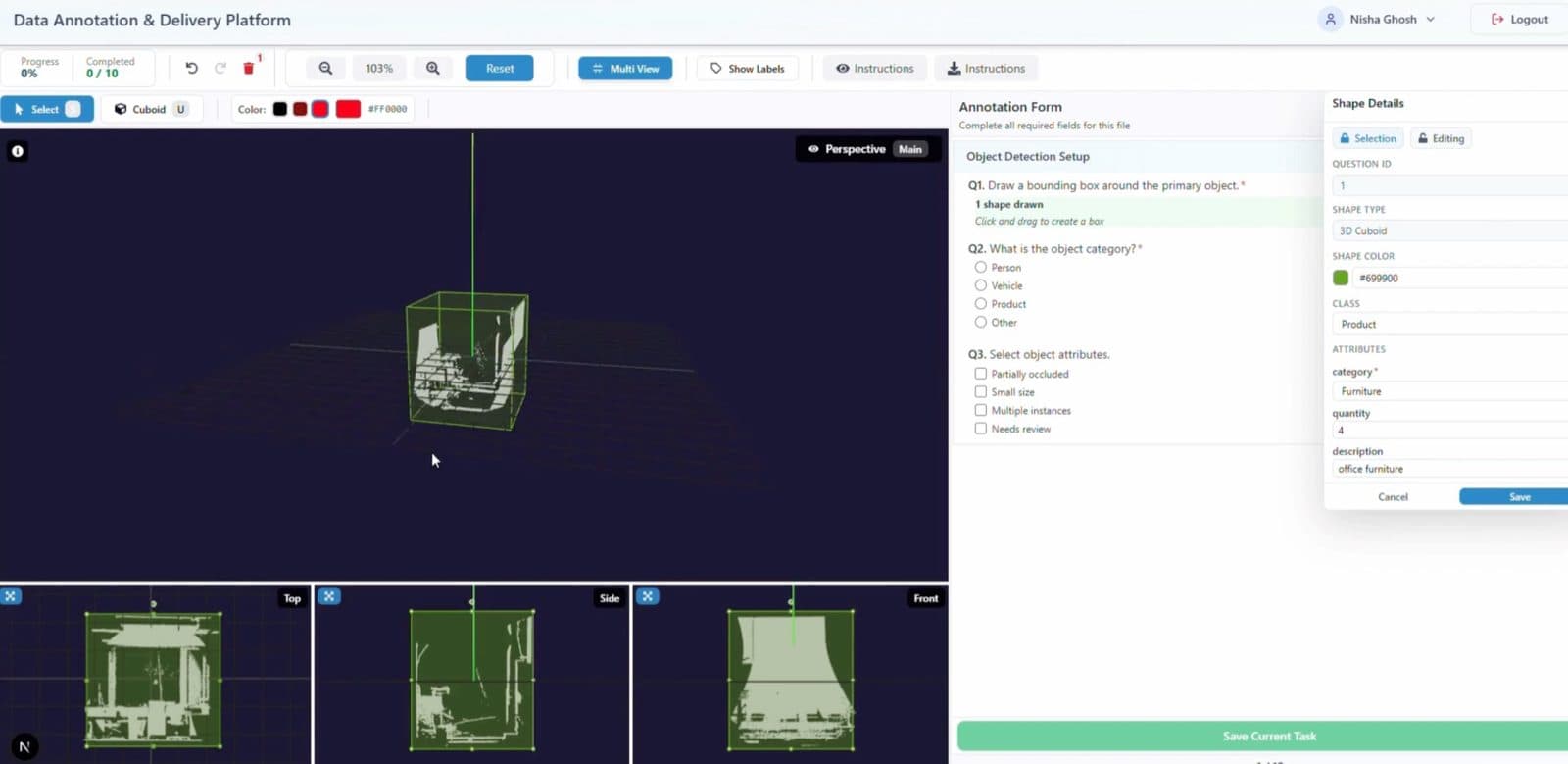 LabelFort — Data Annotation and Delivery Platform interface showing 3D cuboid annotation with multi-view (top, side, front) panels and shape-details form