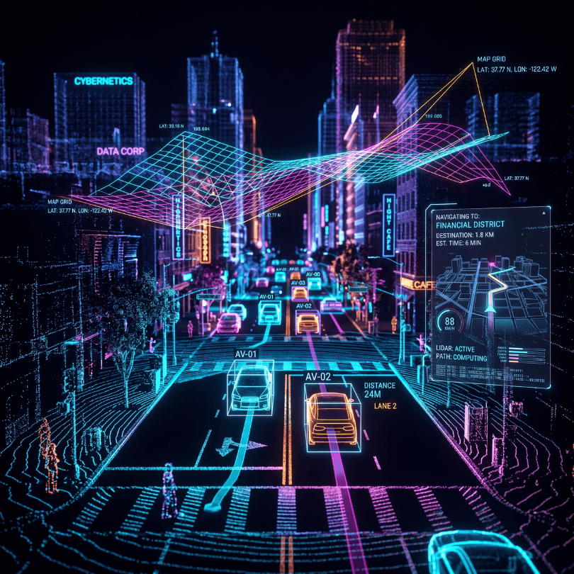Autonomous vehicles and geospatial illustration for LiDAR and tracking workflows.