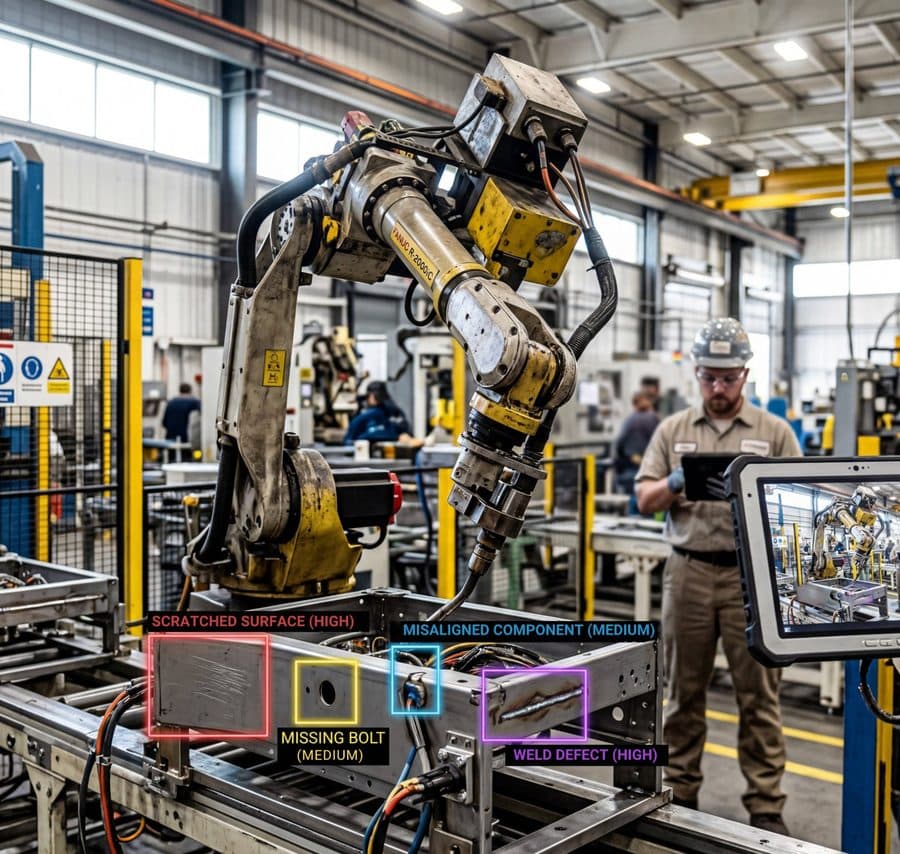 Industrial quality inspection in a robotics facility with bounding-box annotations for scratched surface, missing bolt, misaligned component, and weld defect