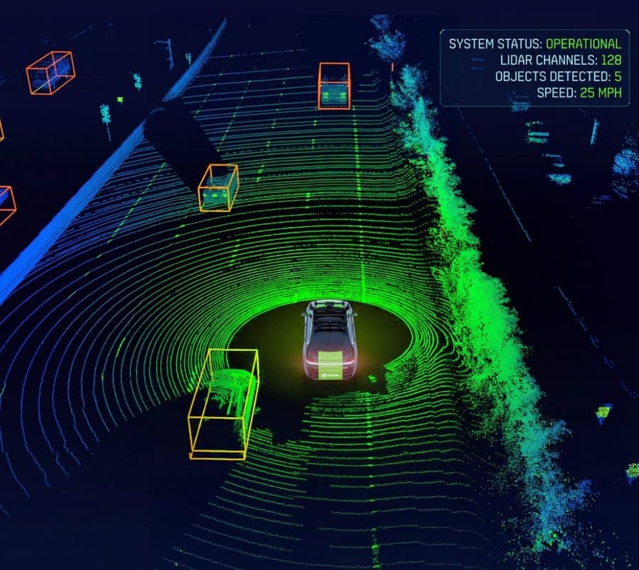 LiDAR 3D point cloud with bounding-box annotations on vehicles in an autonomous driving scene