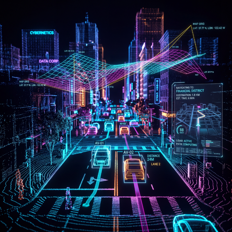 Autonomous vehicles and geospatial illustration for LiDAR and tracking workflows.